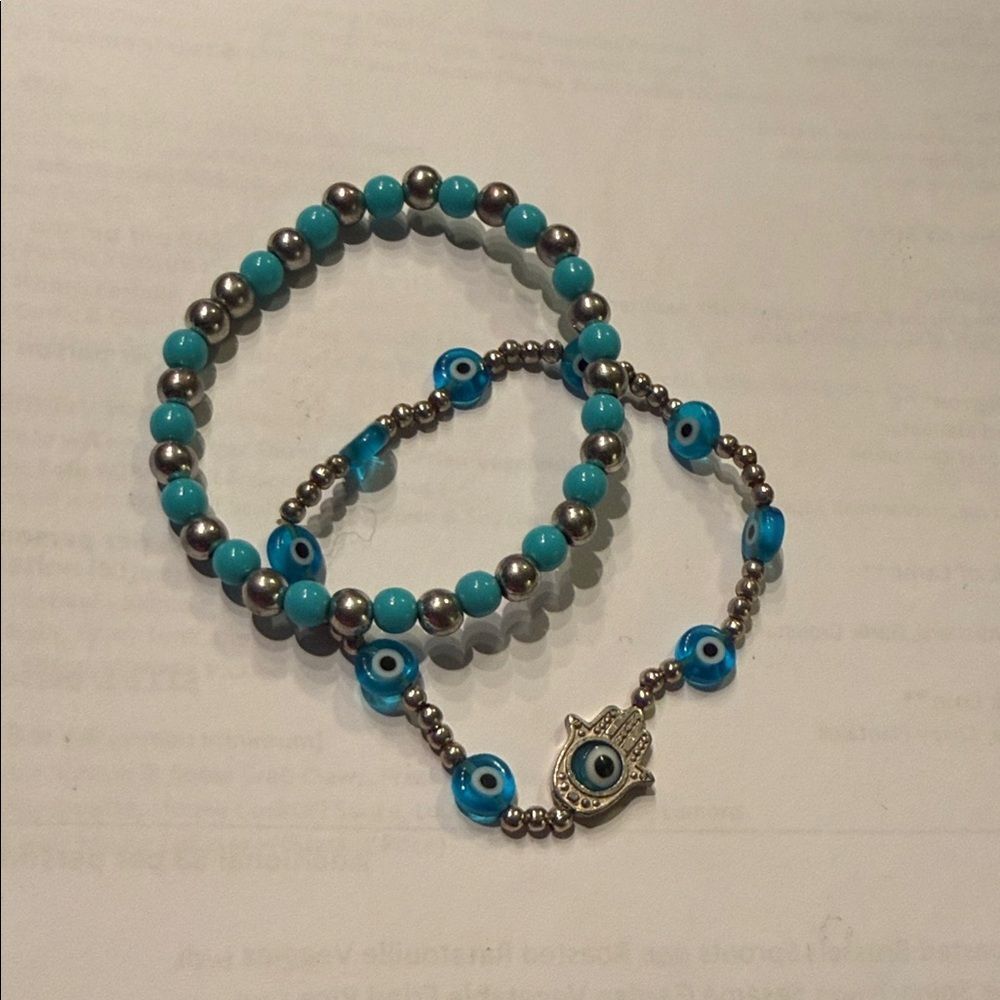 Silver and Blue Beaded Hamsa Bracelet Set - (2 Bracelets) - NEW